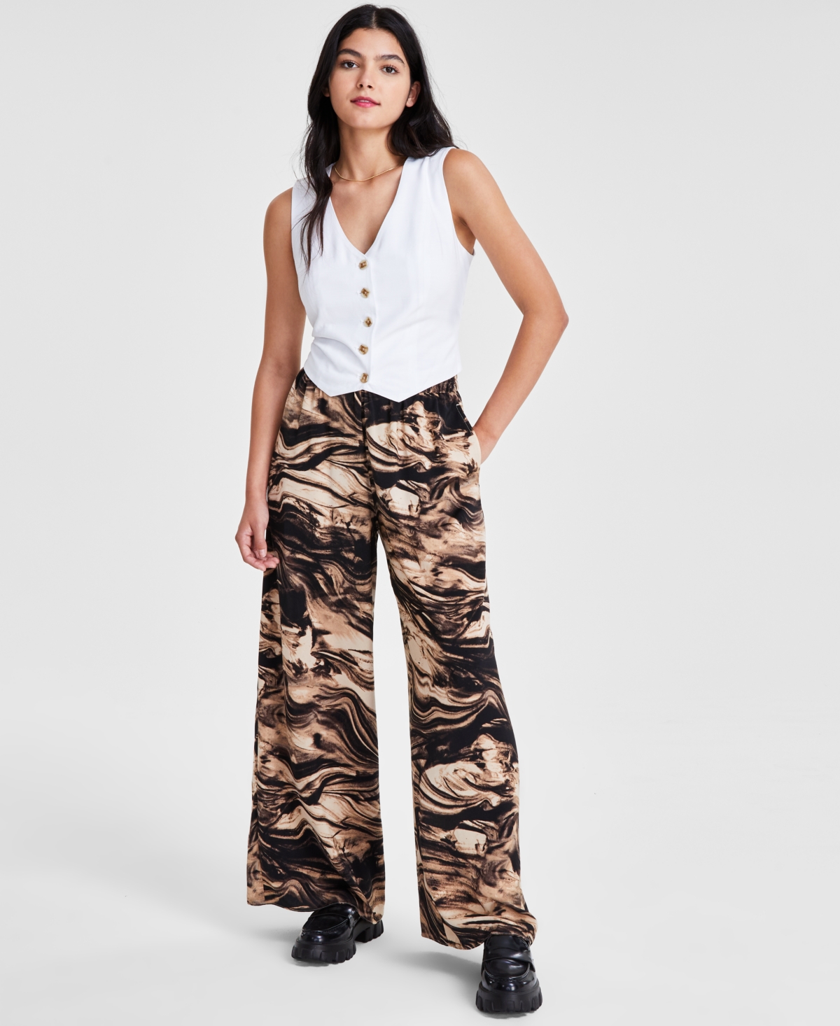 Shop Bar Iii Women's Printed Pull-on Wide-leg Pants, Created For Macy's In Kelly Marble A