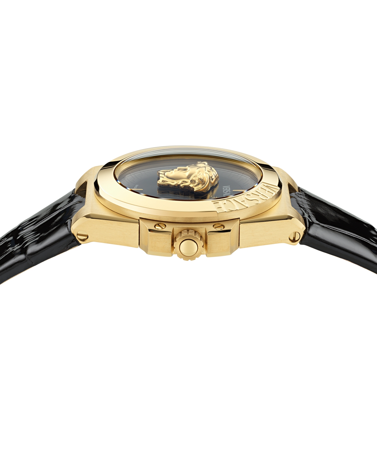 Shop Versace Women's Swiss Black Leather Strap Watch 37mm In Gold