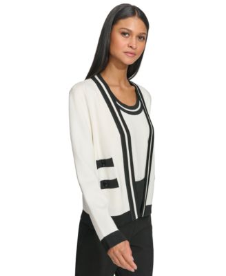 Women's Open-Front Long-Sleeve Knit Cardigan with Contrast Trim
