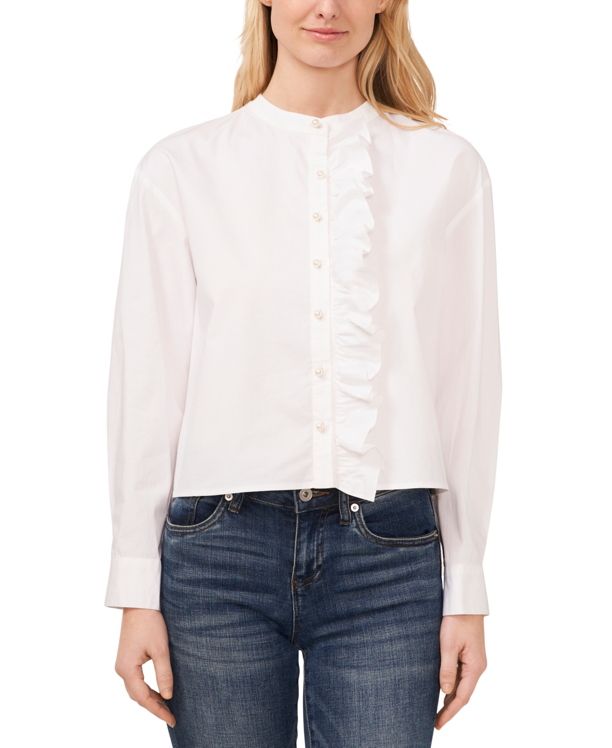 Women's Ruffled Button-Front Long-Sleeve Cropped Blouse - Ultra White