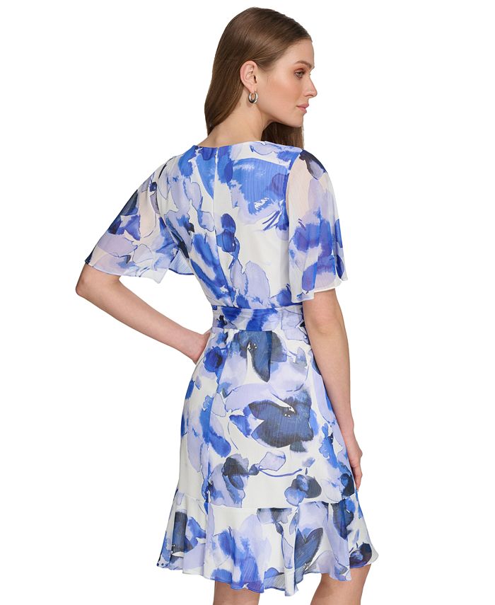 DKNY Women's Flutter Sleeve Tie-Waist Midi Dress – Fit And Flare Silhouette