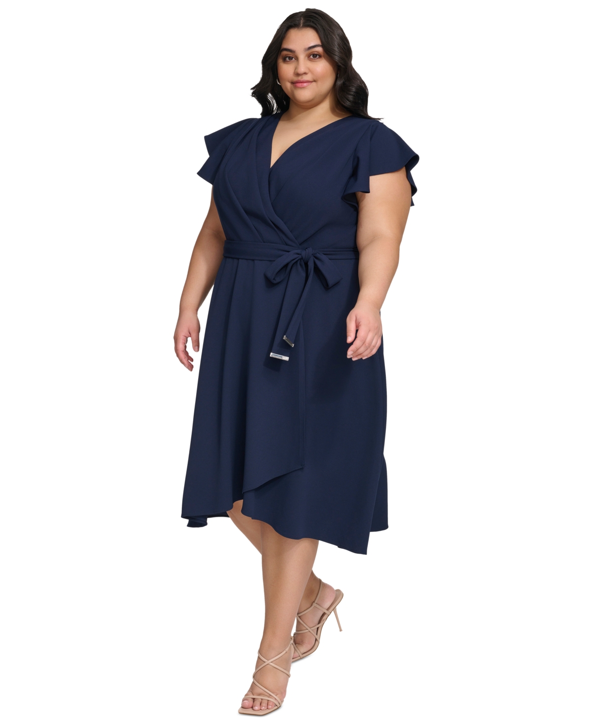 Shop Dkny Plus Size Surplice-neck Flutter-sleeve Faux-wrap Dress In Navy