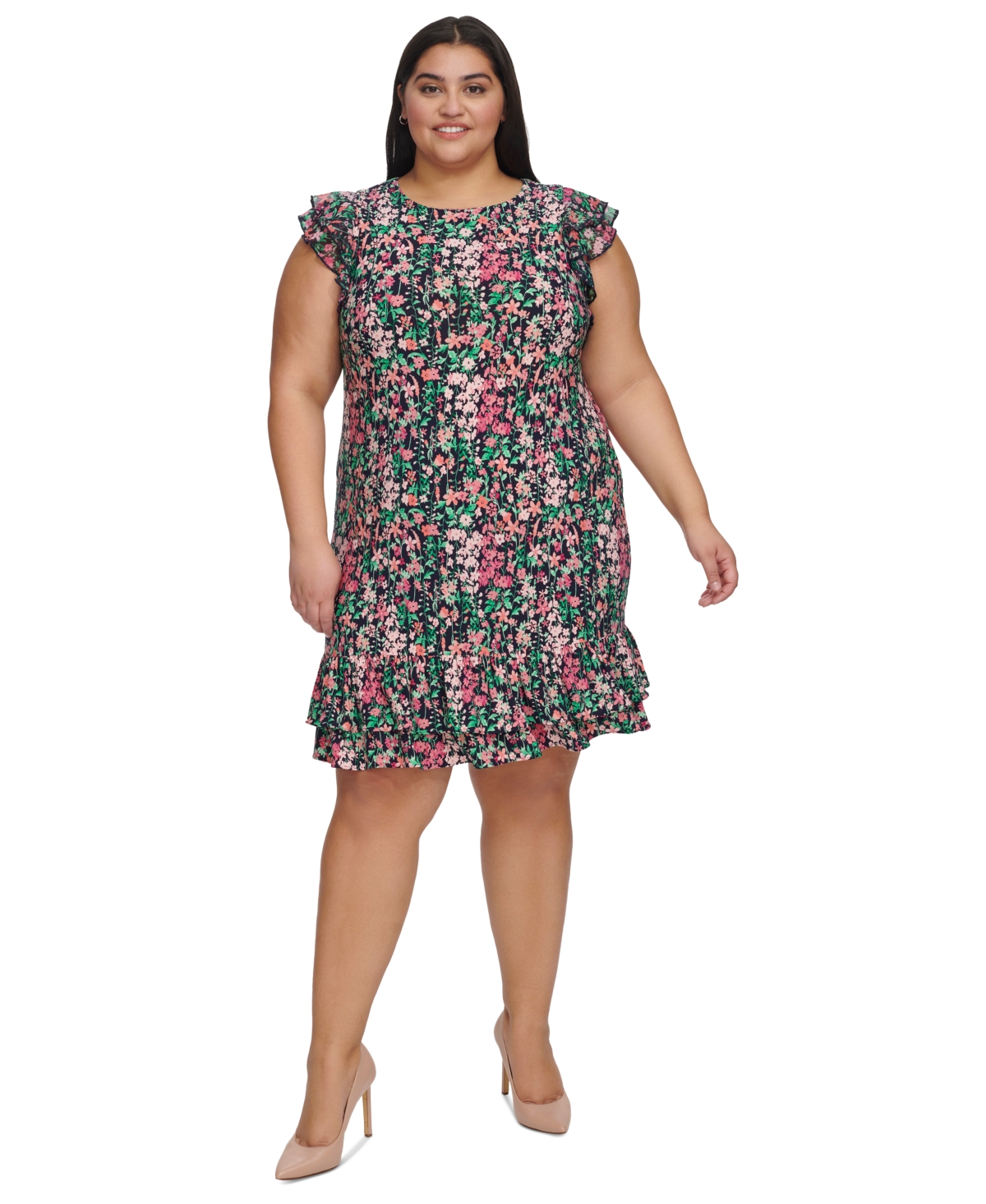 Tommy Hilfiger Plus Size Floral-print Flutter-sleeve Dress In Sky Cap,pe