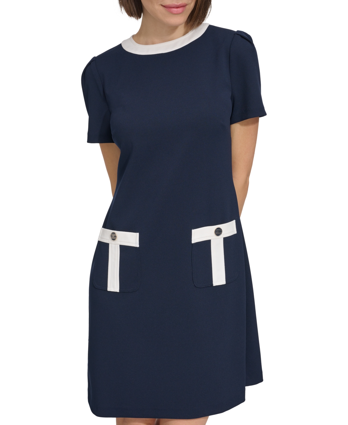 Tommy Hilfiger Women's Contrast-trim Scuba Crepe Shift Dress In Sky Capt,i