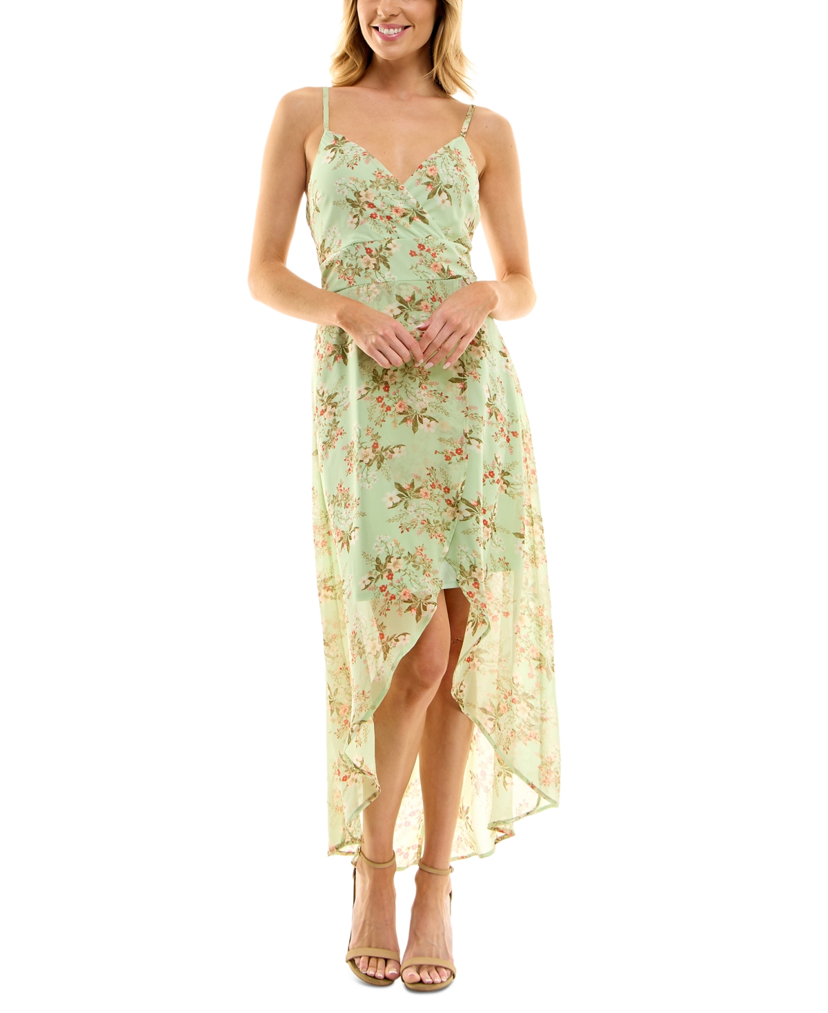 Juniors' Floral-Print High-Low Chiffon Dress - Sag/pch/ol