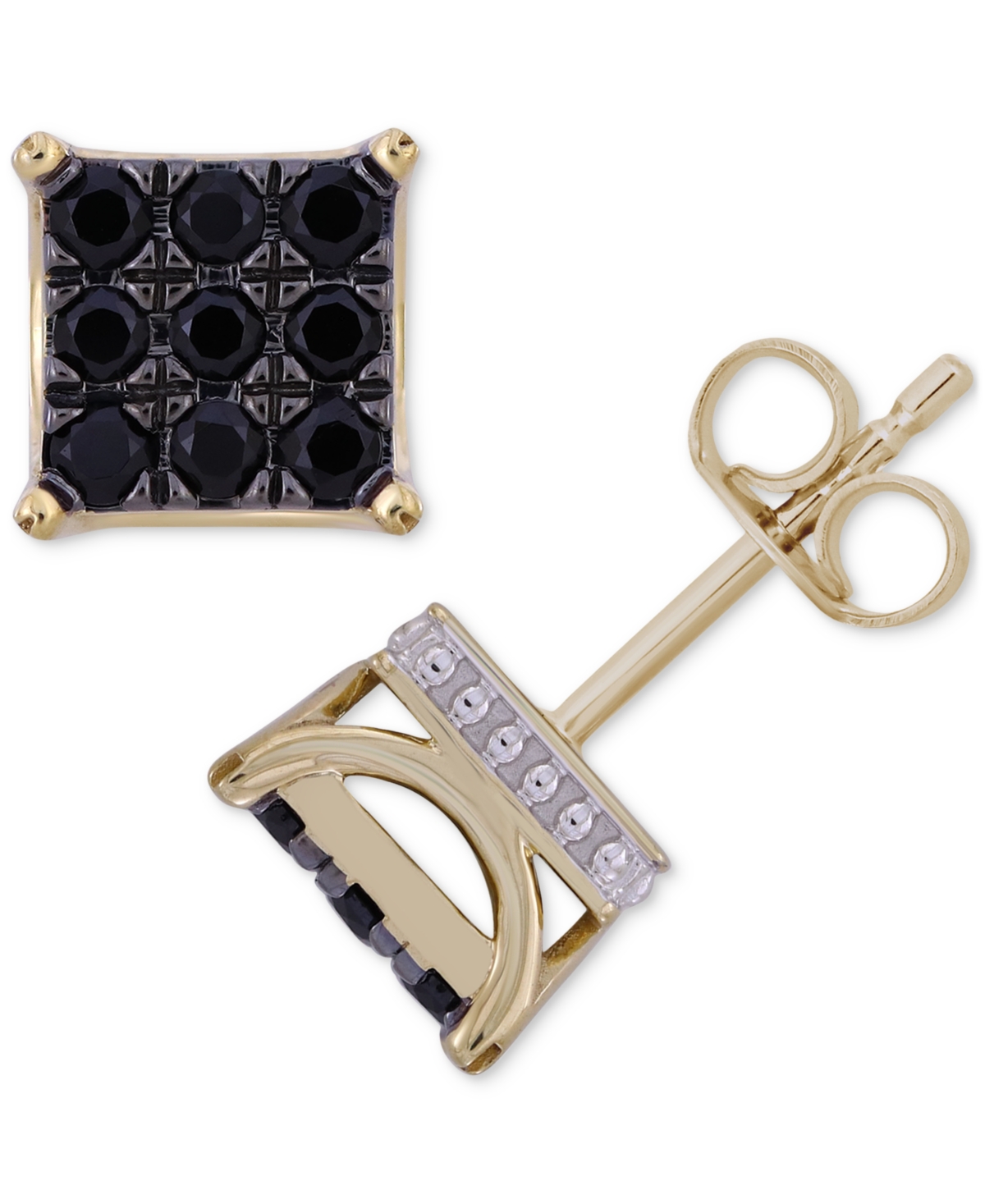 Macy's Men's Black Diamond Square Cluster Stud Earrings (1 Ct. T.w.) In 10k Gold In Yellow Gold