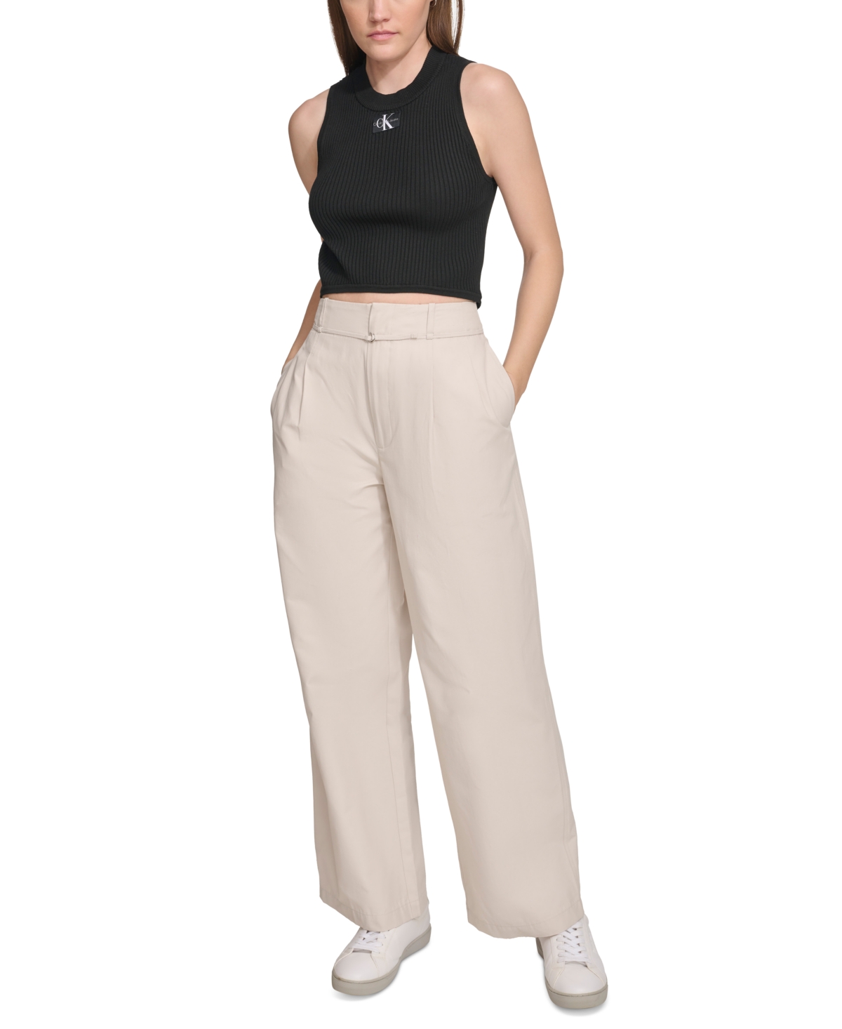 Calvin Klein Jeans Women's Ribbed Angled-Hem Cropped Logo Top