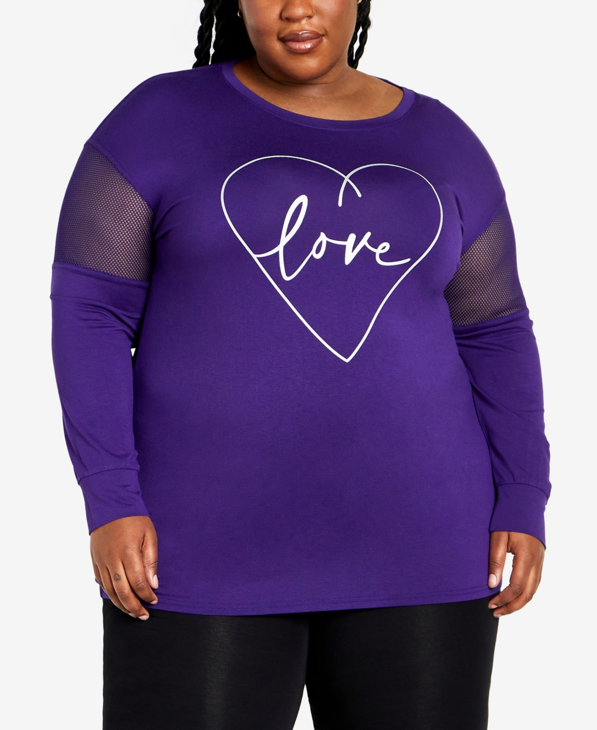 Shop Avenue Plus Size Mesh Sleeve Round Neck Top In Purple