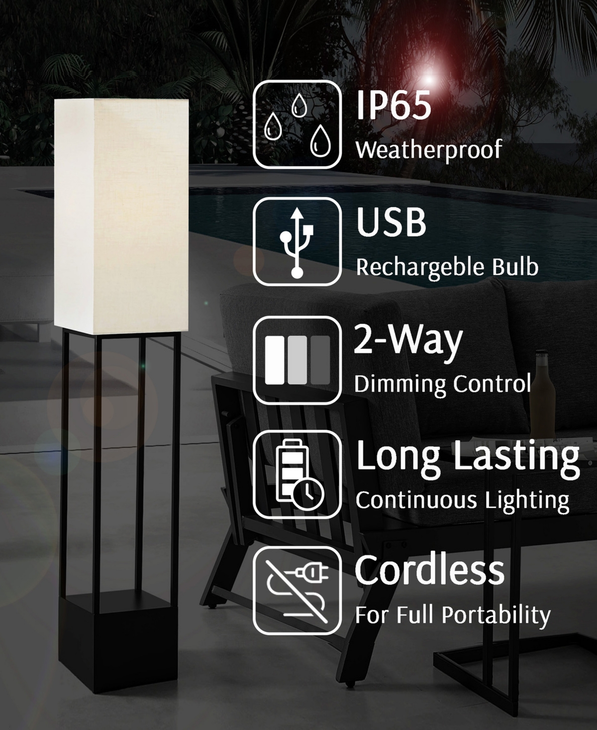 LITE SOURCE OUTDOOR CORDLESS QUINLAN FLOOR LAMP 