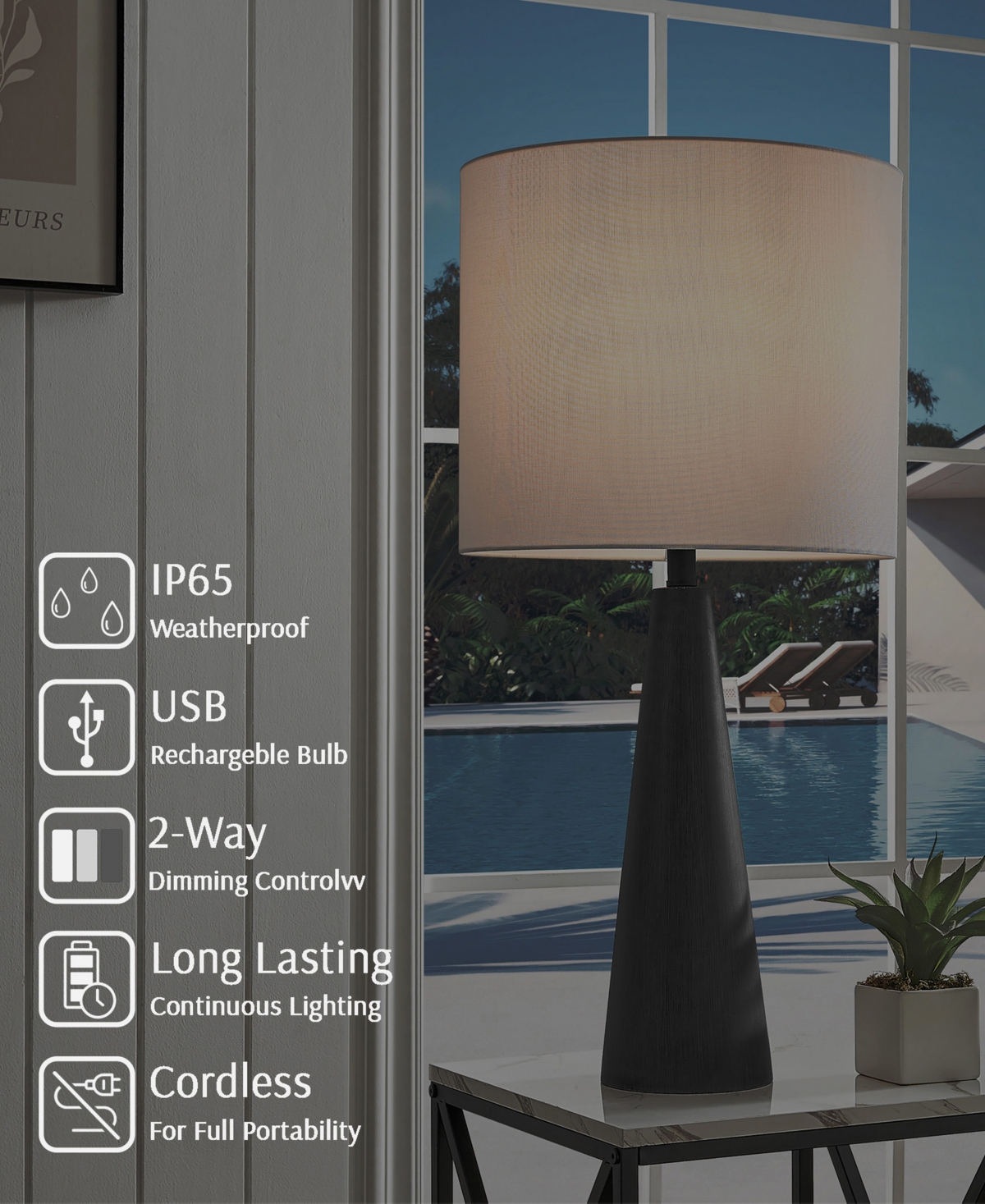 Lite Source Outdoor Cordless Dyre Table Lamp In Black