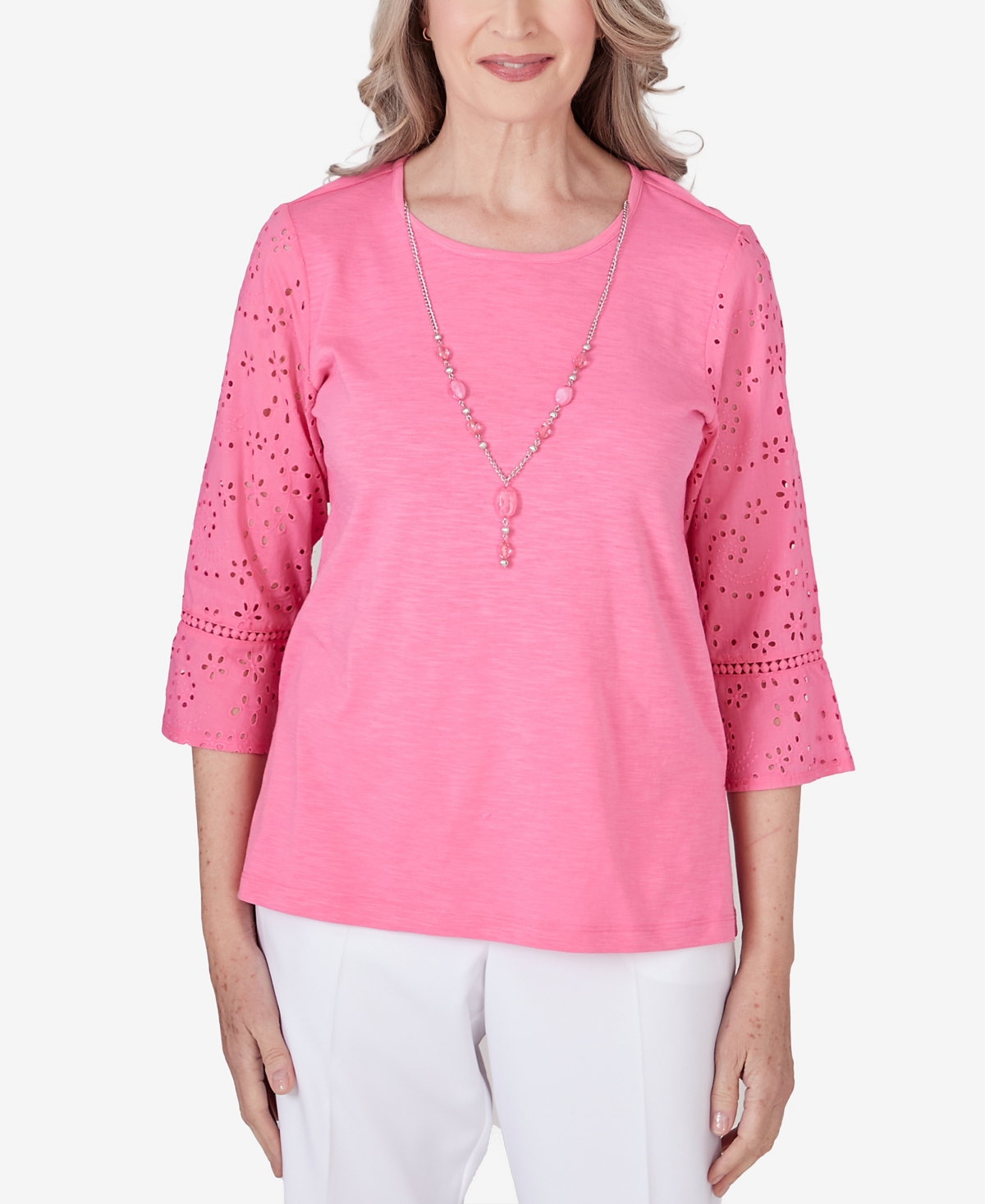 Shop Alfred Dunner Petite Paradise Island Eyelet Trim Necklace Top In Peony