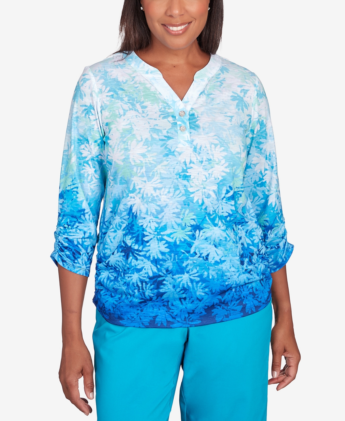 Shop Alfred Dunner Petite Tradewinds Ombre Leaves Buttoned Split Neck Top In Multi