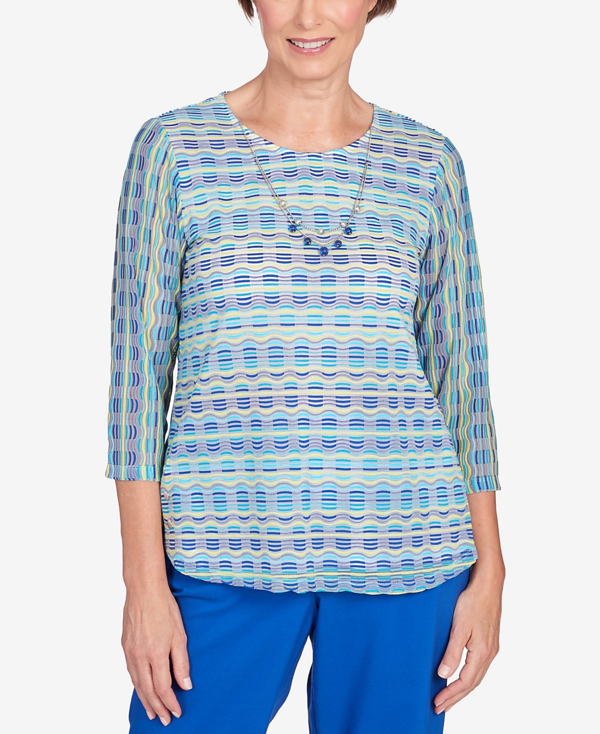 Shop Alfred Dunner Petite Tradewinds Texture Biadere Shirttail Hem Necklace Top In Multi