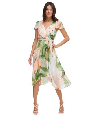 DKNY Petite Flutter-Sleeve Faux-Wrap Midi Dress - Macy's