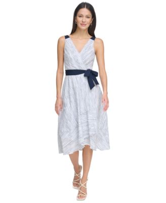 DKNY - Women's Striped-Cotton Tie-Waist V-Neck Midi Dress