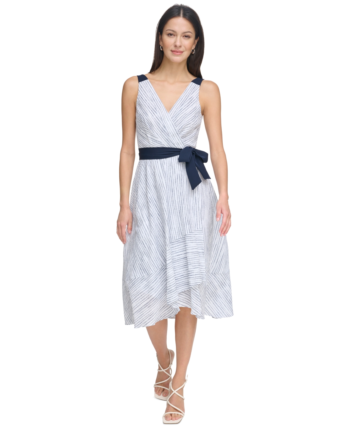 Women's Striped-Cotton Tie-Waist V-Neck Midi Dress - Ivory/Blue