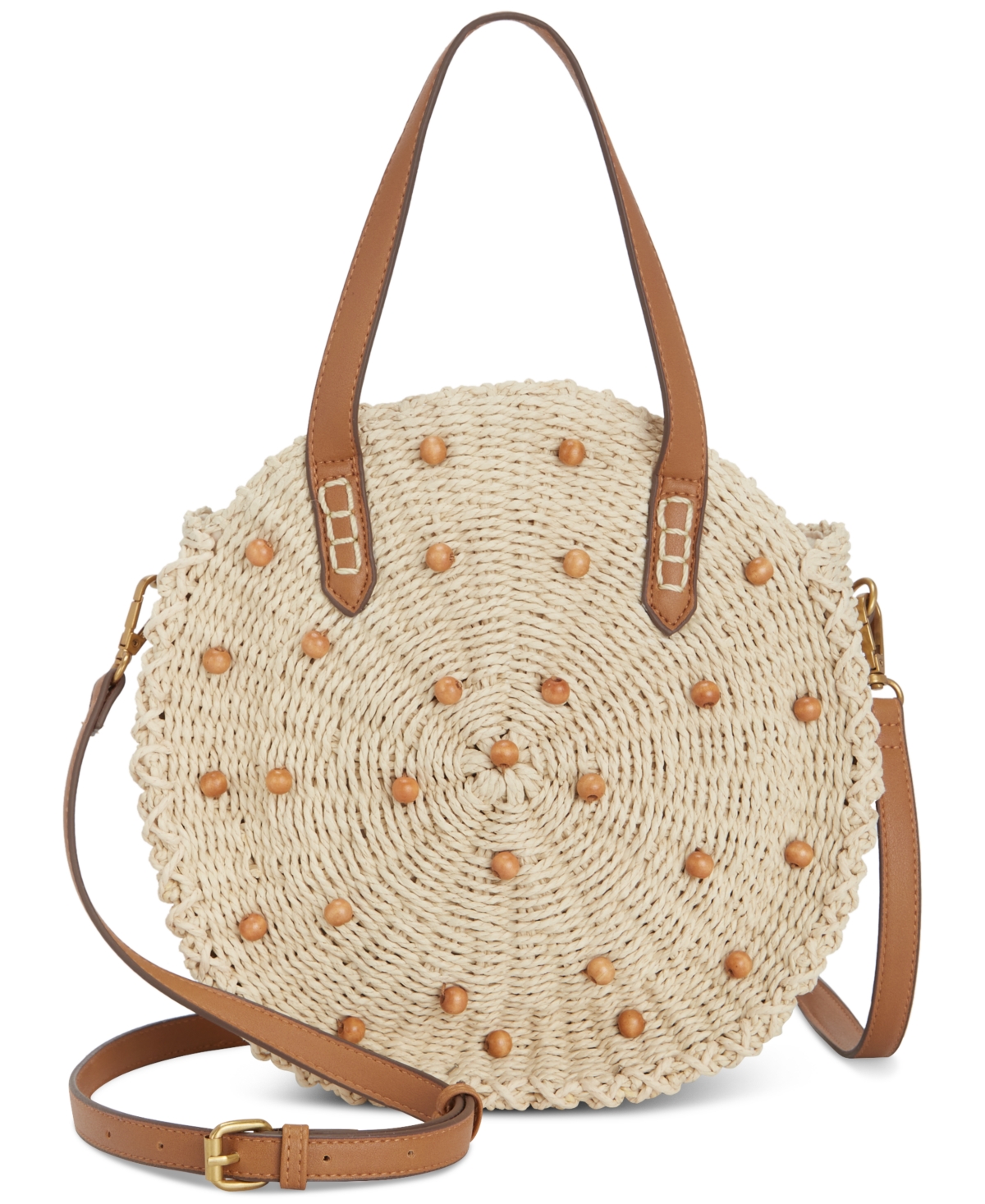 Shop Style & Co Beaded Straw Round Crossbody Bag, Created For Macy's In Wooden Beads