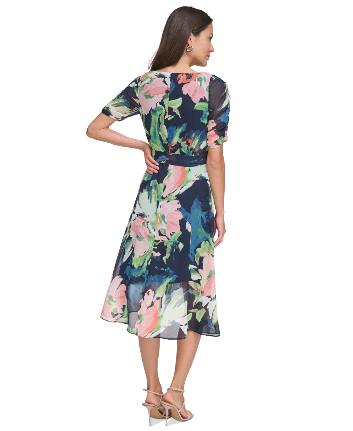 Shop Dkny Women's Floral Tie-waist Ruched-sleeve Dress In Navy Multi