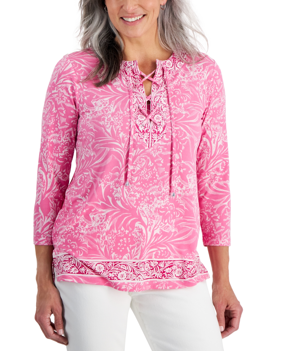 Petite Mixed-Print Lace-Up Knit Tunic, Created for Macy's - Phlox Pink Combo