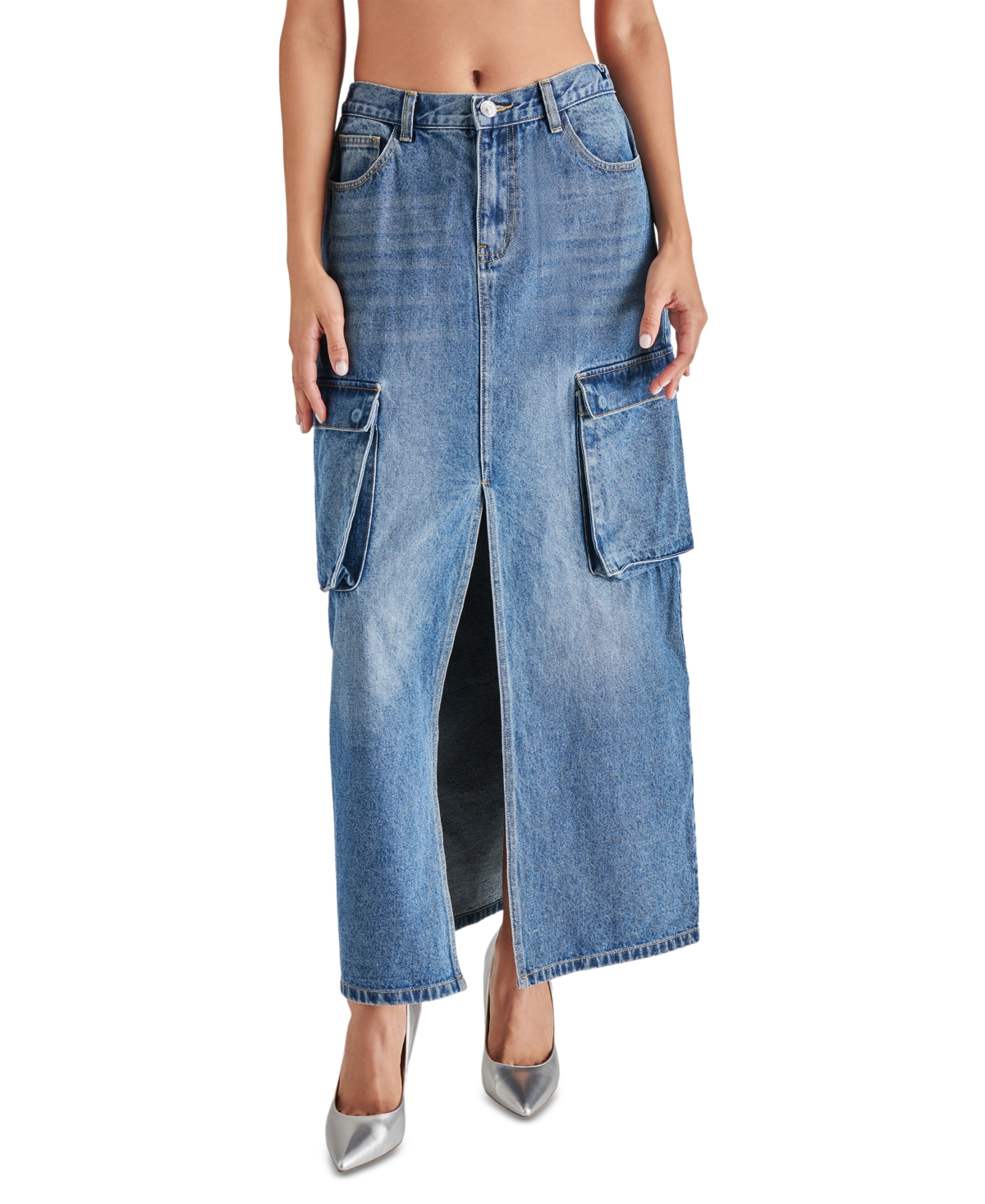 Women's Benson Slit-Front Patch-Pocket Cotton Skirt - Blue Denim