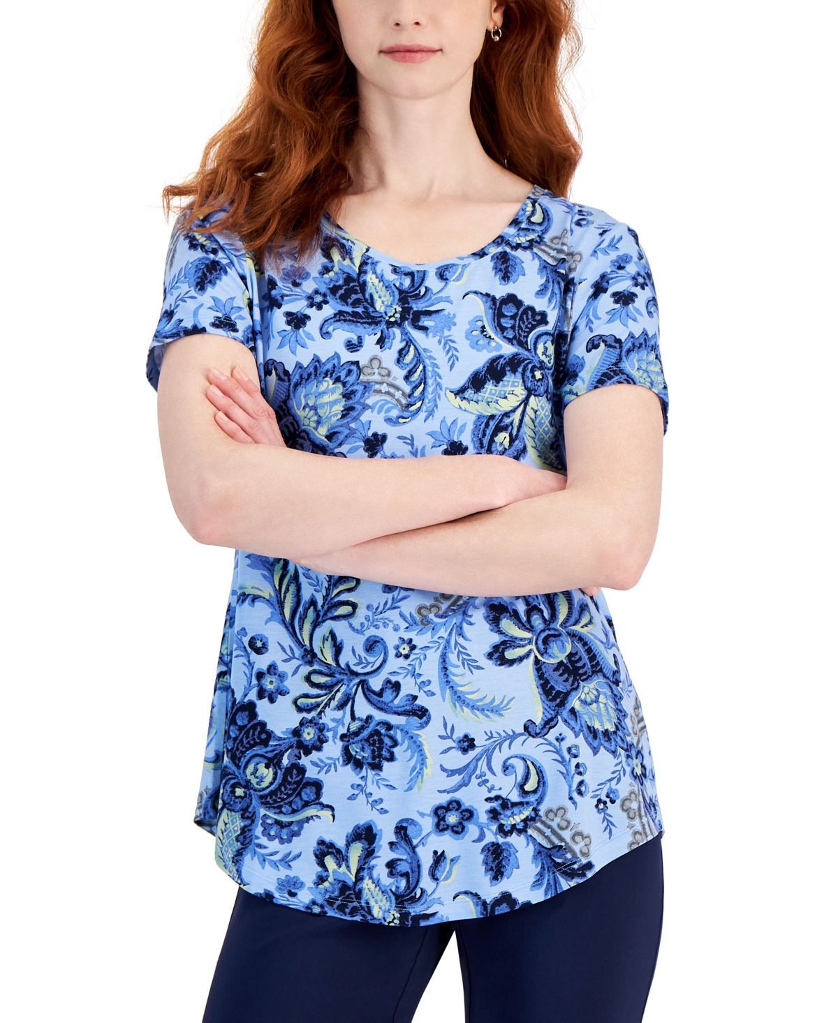 Jm Collection Women's Printed Knit Short-sleeve Top, Created For Macy's In Watery Blue Combo