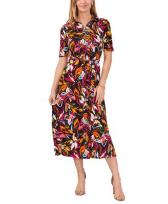 MSK - Women's Printed Front-Zip Collared Midi Dress