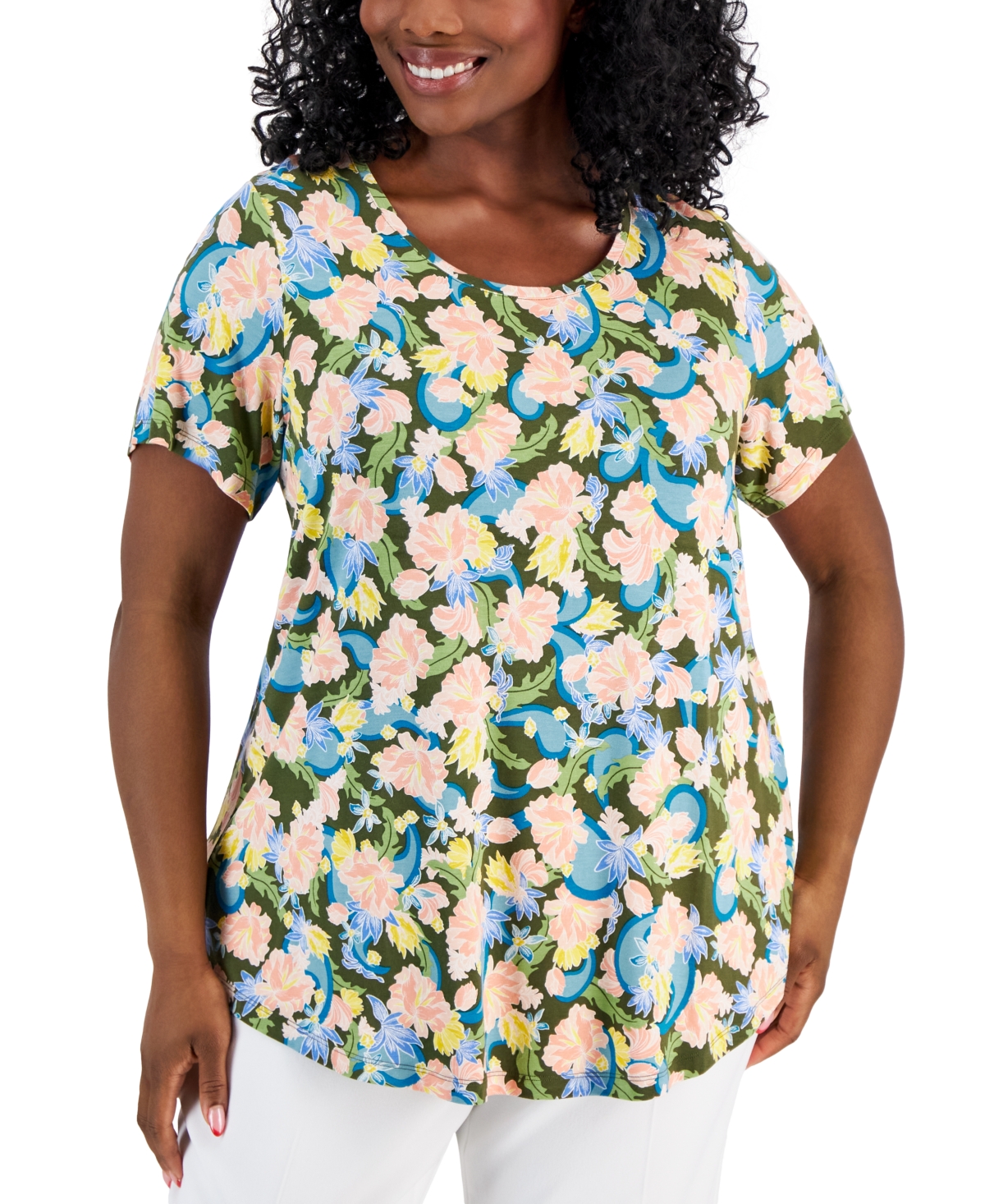 Jm Collection Plus Size Oaklyn Floral-print Short-sleeve Top, Created For Macy's In New Avocado Combo