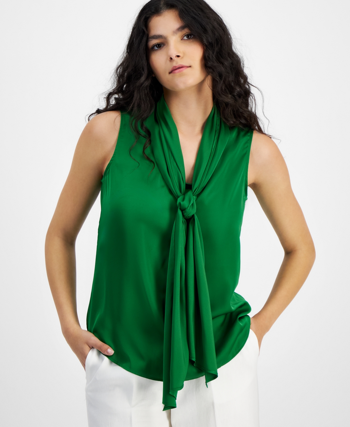 Women's Tie-Neck Sleeveless Satin Blouse, Created for Macy's - Green Apple