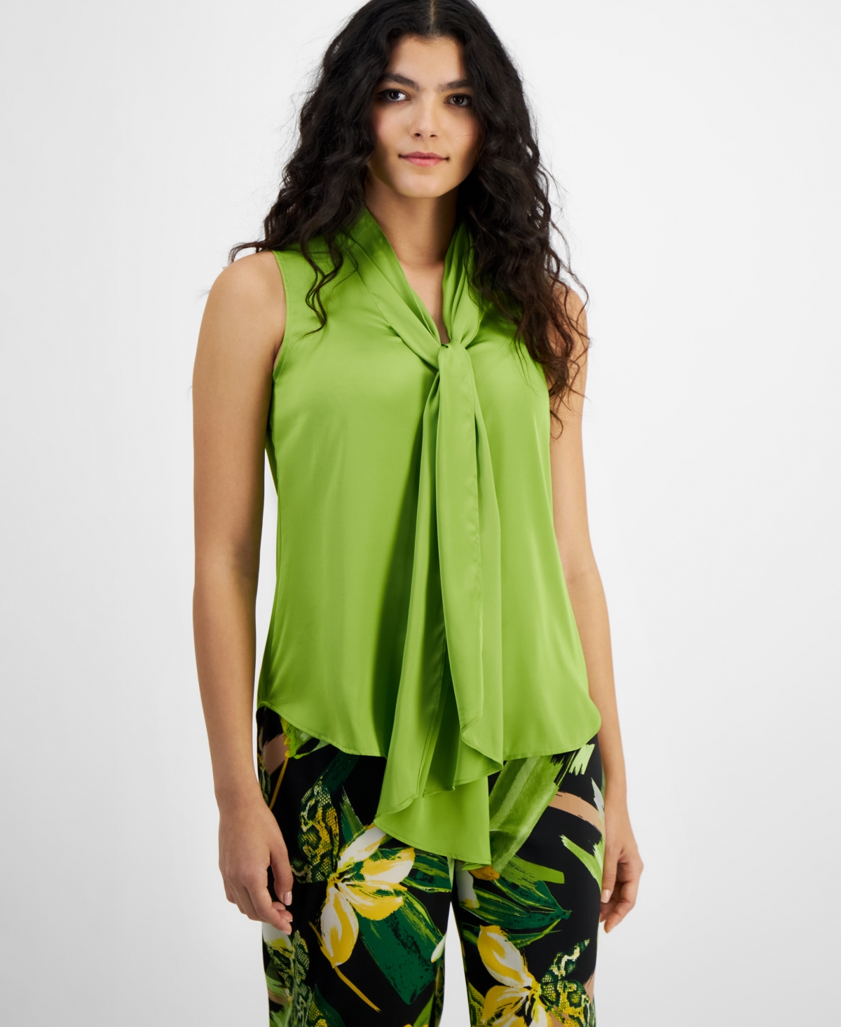 Women's Tie-Neck Sleeveless Satin Blouse, Created for Macy's - Green Apple