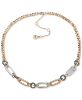 DKNY - Tri-Tone Logo Link Collar Necklace, 16" + 3" extender