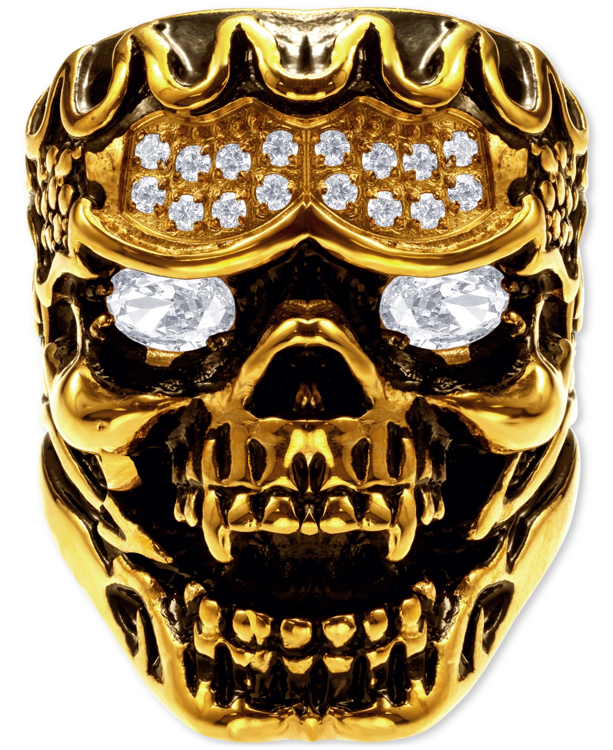 Cubic Zirconia Ornately Detailed Skull Statement Ring - Gold-Tone/Black