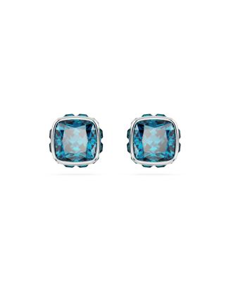 Rhodium Plated Square Cut Color Birthstone Stud Earrings