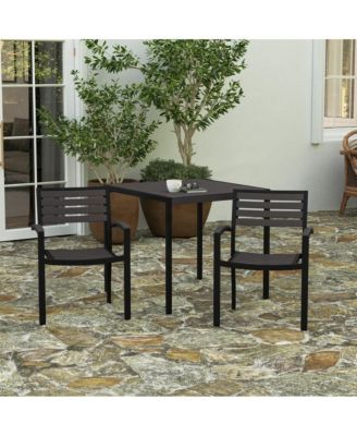 Set Of Two Aluminum Stacking Chairs With Faux Teak Slatted Back And Seat And Faux Teak Accented Arms