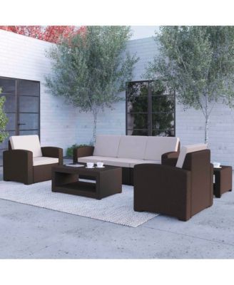 Errol 5 Piece Faux Rattan Patio Set - 2 Chairs And Sofa With Removable Cushions, Coffee Table And End Table