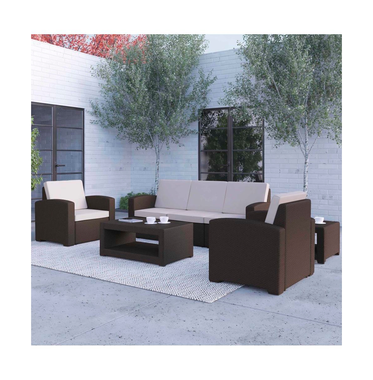 Errol 5 Piece Faux Rattan Patio Set - 2 Chairs And Sofa With Removable Cushions, Coffee Table And End Table