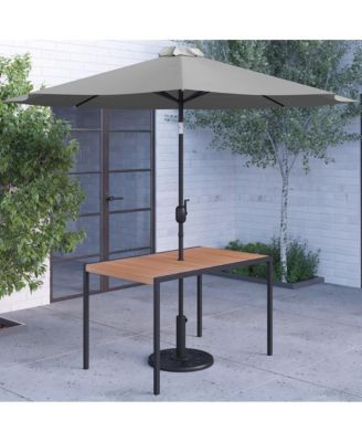 Outdoor Powder Coated Steel Dining Table With Faux Teak Poly Slat Top, 9' Patio Umbrella And Base