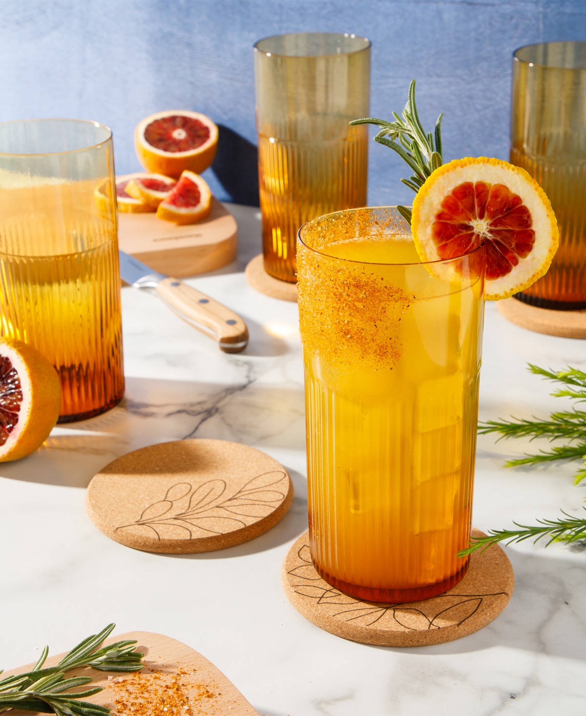 Bloomhouse 8 Pc Handmade Colored Glass 18.5 oz Tumbler Coaster Set In Tumeric