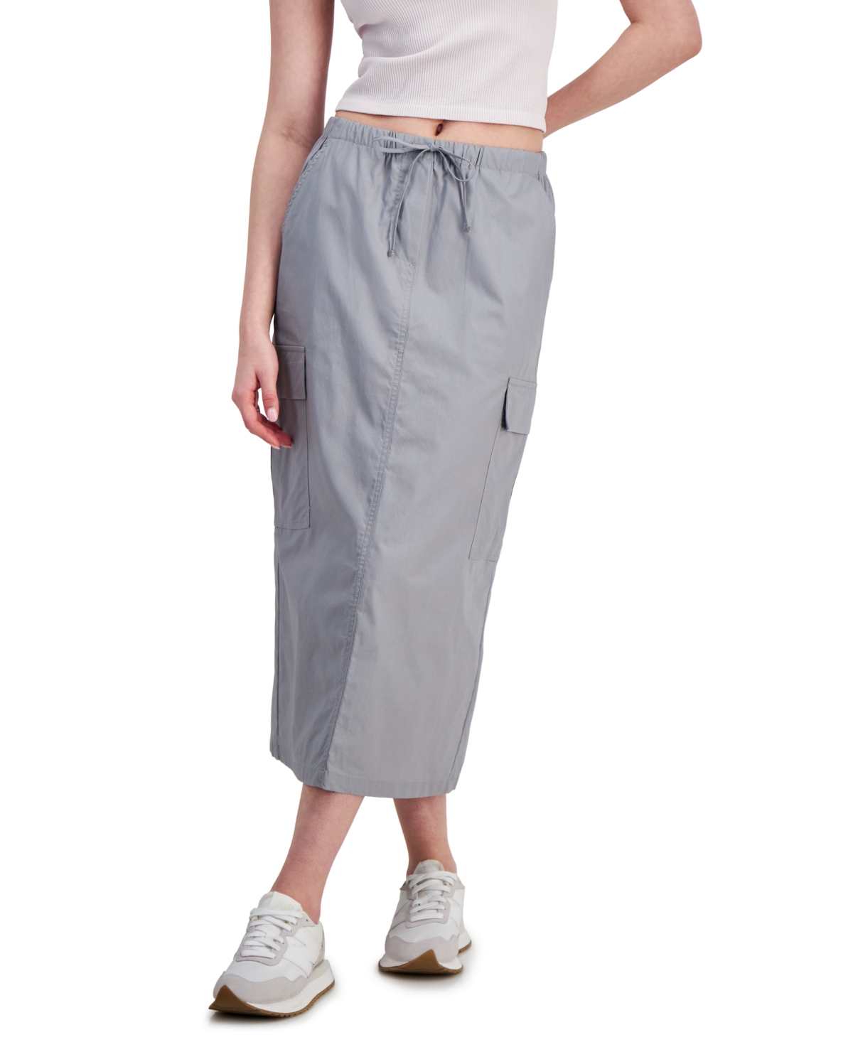 Shop Hippie Rose Juniors' Cotton Drawstring-waist Cargo Maxi Skirt In Sleet