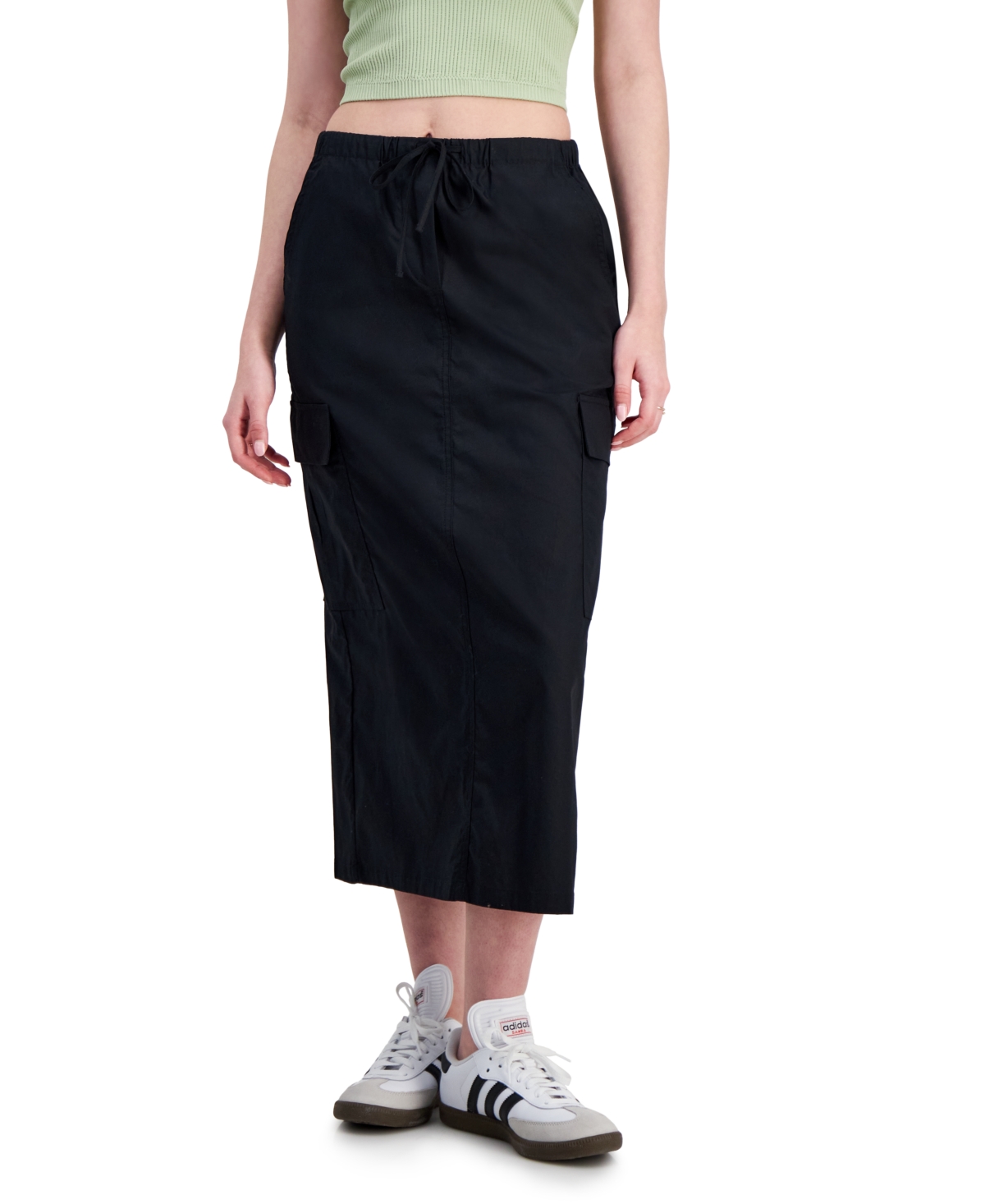 Shop Hippie Rose Juniors' Cotton Drawstring-waist Cargo Maxi Skirt In Black