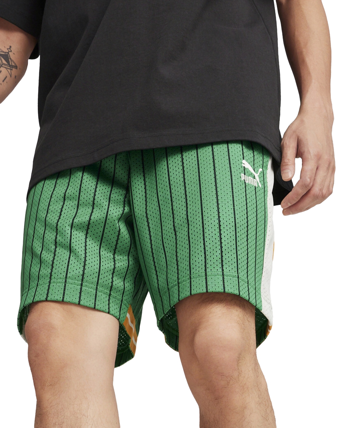 Puma Men's T7 For The Fanbase Stripe 7" Mesh Shorts In Archive Green-aop