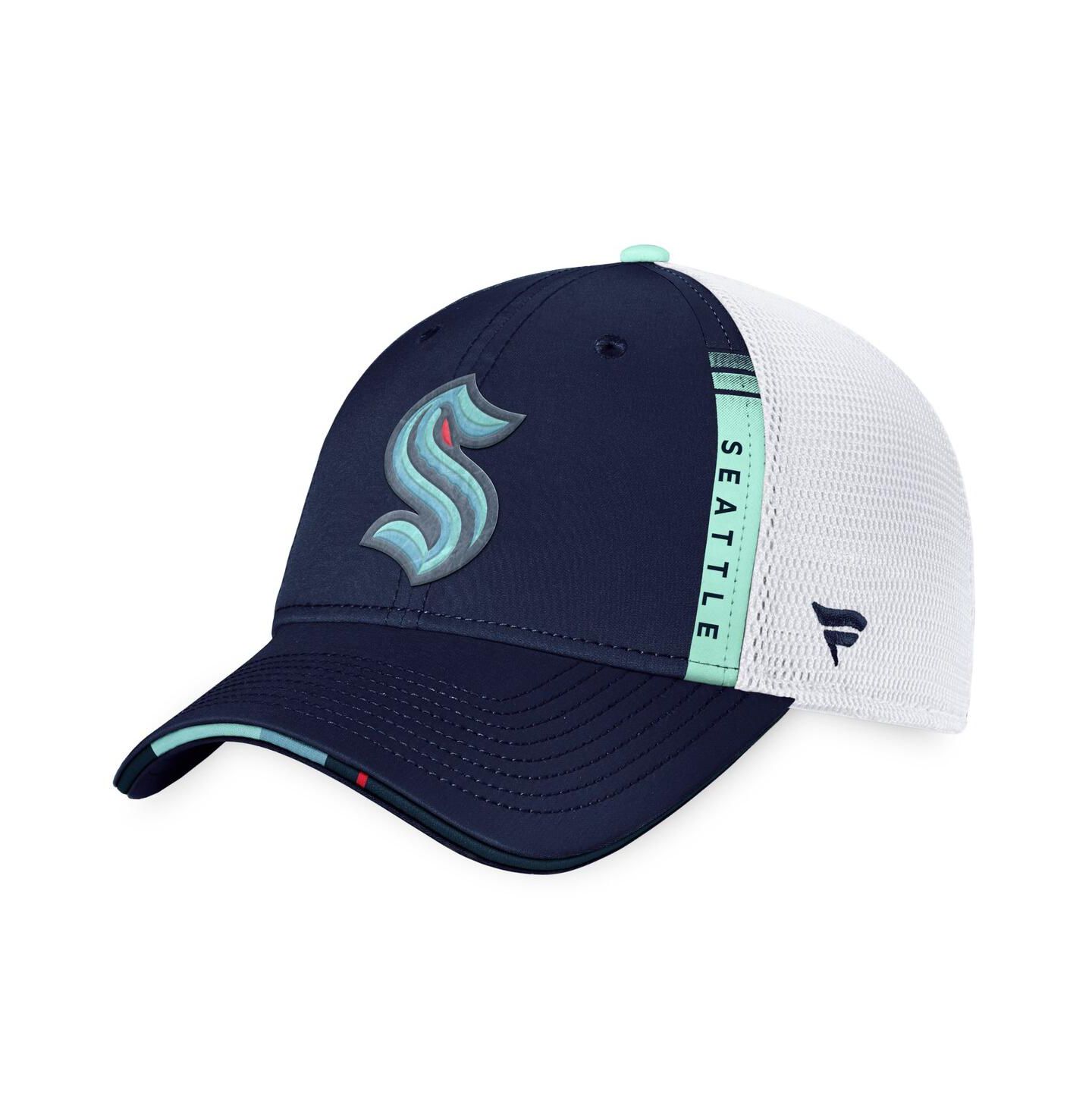 Мужская кепка Fanatics Navy, White Seattle Kraken 2022 NHL Draft Authentic Pro On Stage Trucker Adjustable Hat — фото 2