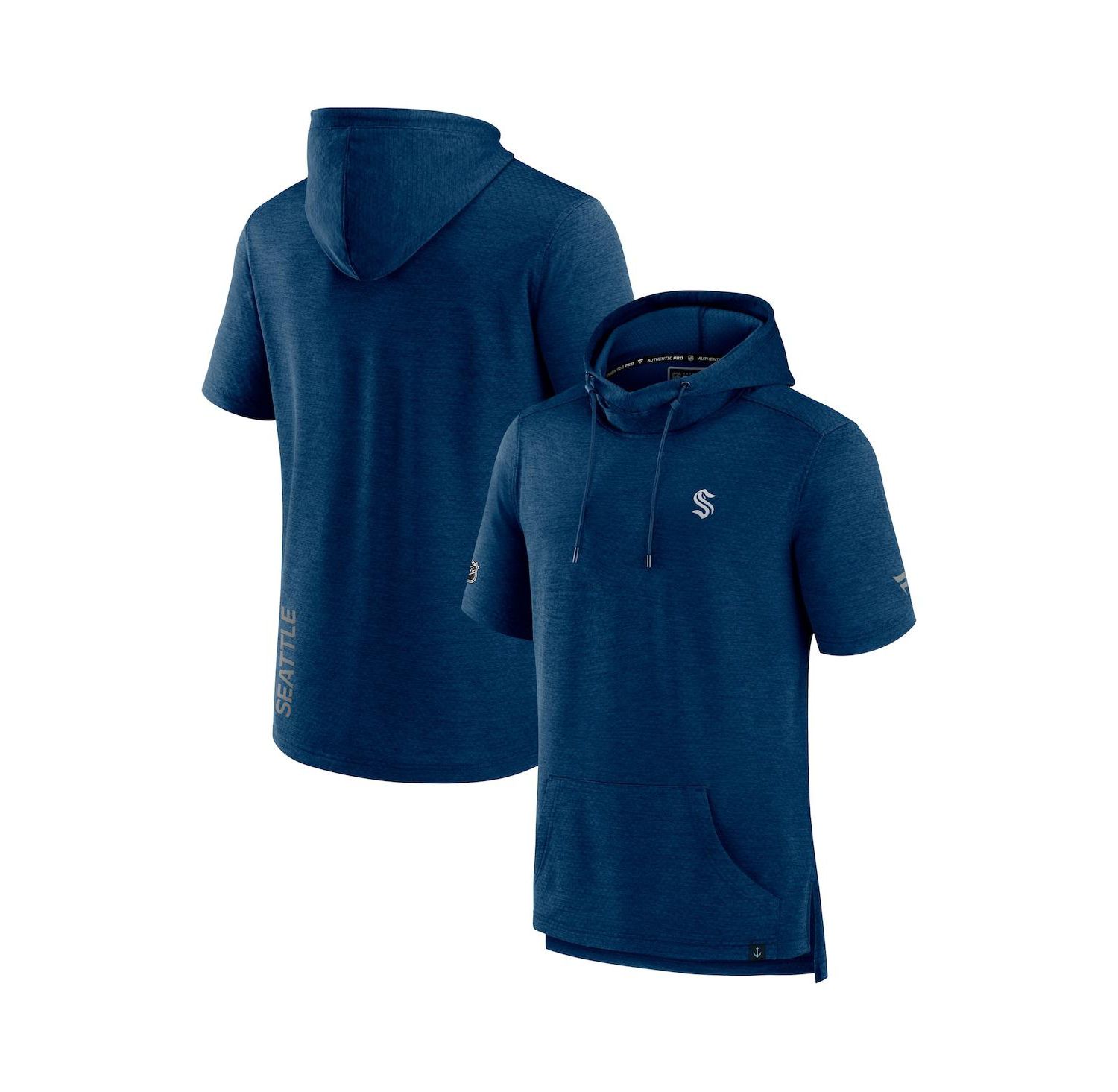 Men's Heather Deep Sea Blue Seattle Kraken Authentic Pro Short Sleeve Pullover Hoodie