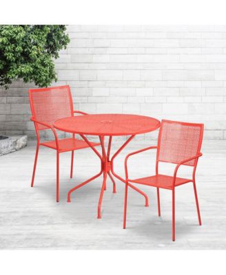Commercial Grade 35.25" Round Metal Garden Patio Table Set, 2 Square Back Chairs
