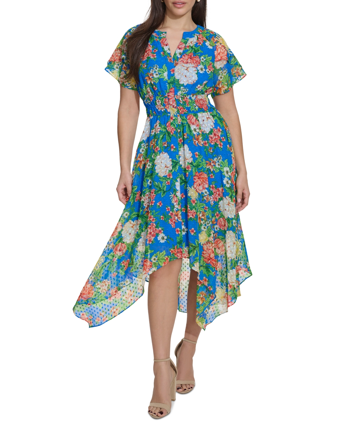 Women's Floral-Print Clip-Dot Midi Dress - Cobalt Multi