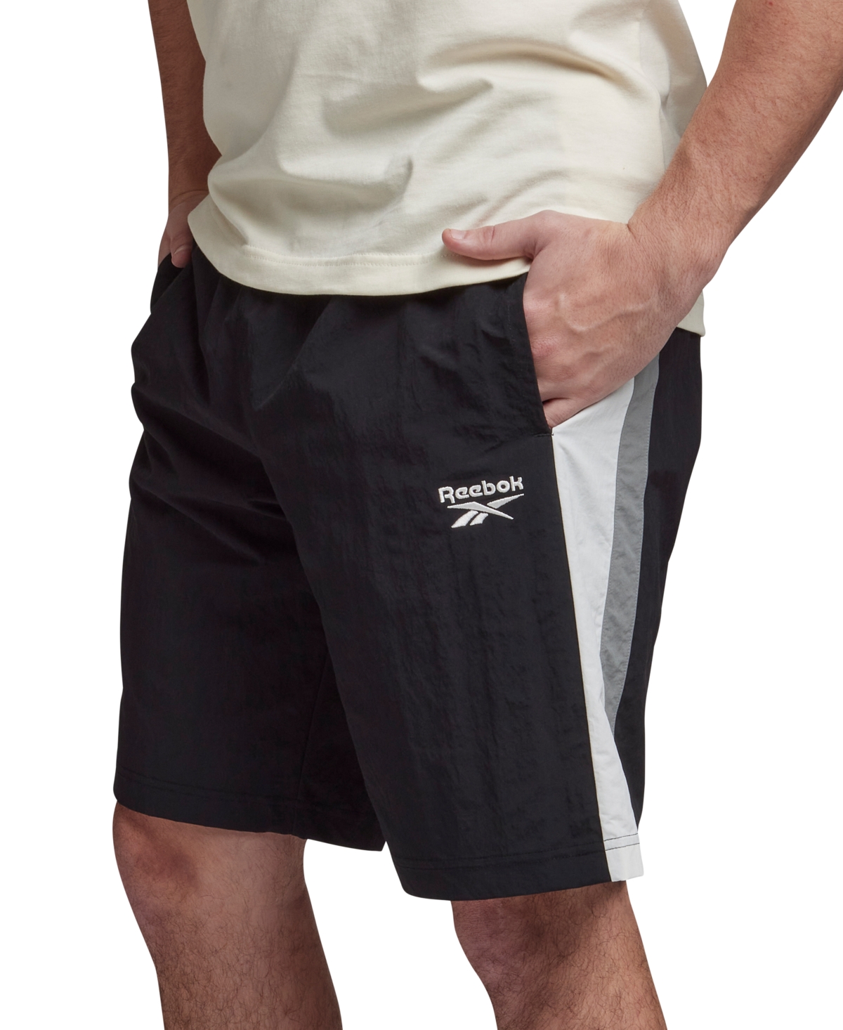 Reebok Men's Ivy League Regular-fit Colorblocked Crinkled Shorts In Black,gray,white