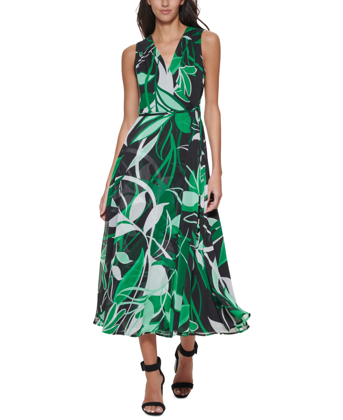 Shop Calvin Klein Petite Surplice-neck Sleeveless A-line Dress In Fern Multi