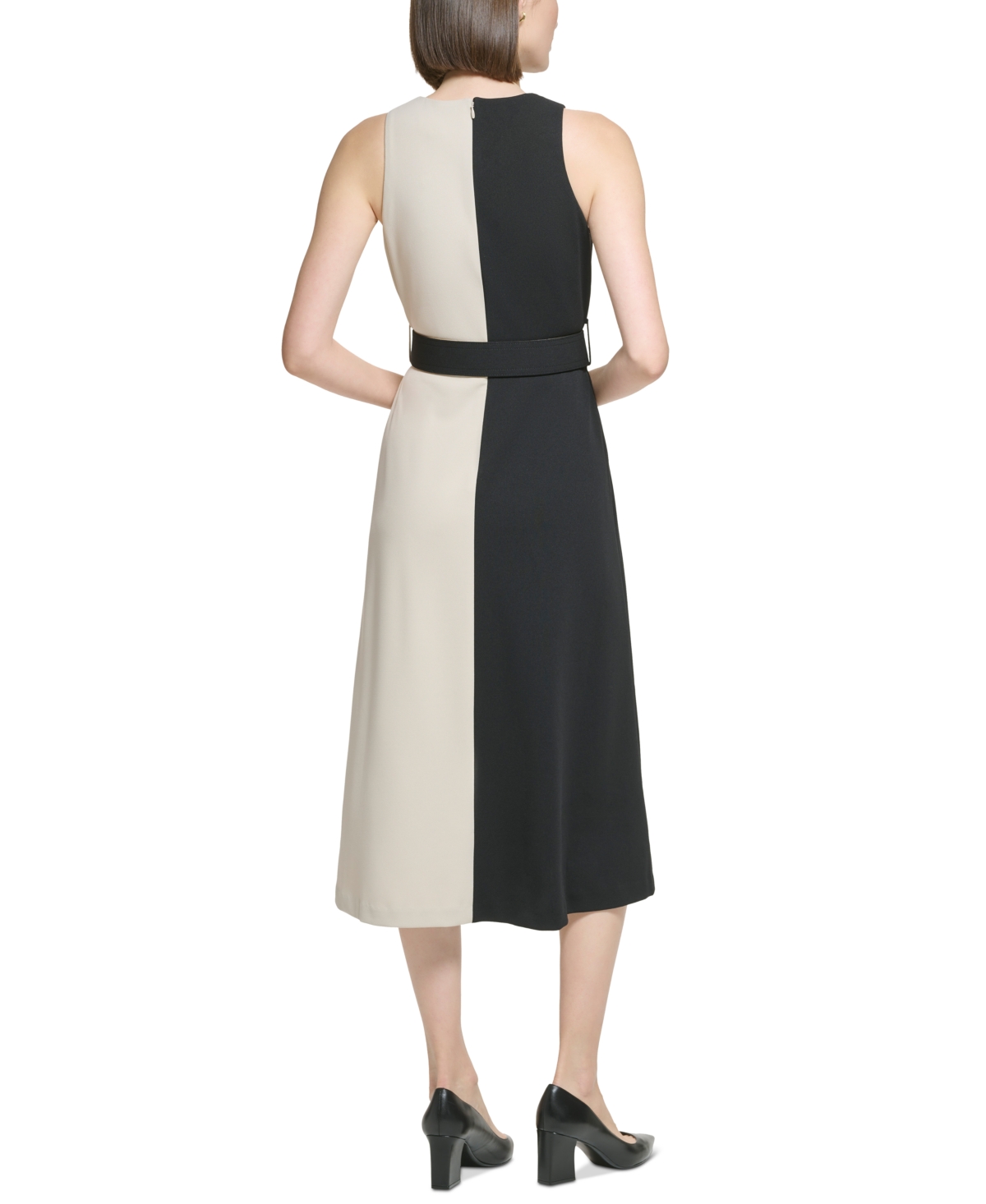 Shop Calvin Klein Women's Belted Split A-line Dress In Black Khaki