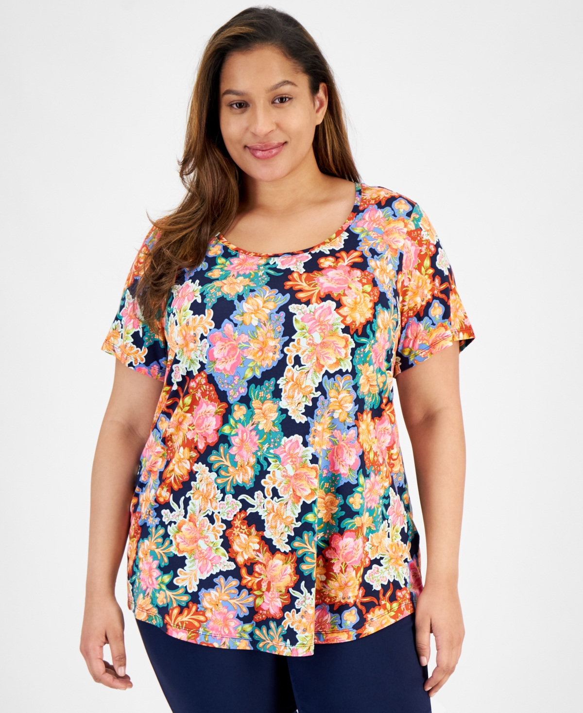 Shop Jm Collection Plus Size Glorious Garden Scoop-neck Top, Created For Macy's In Intrepid Blue Combo