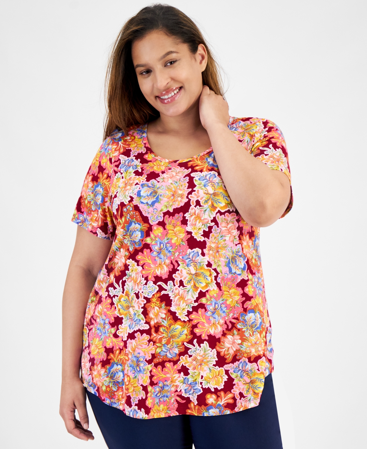 Shop Jm Collection Plus Size Glorious Garden Scoop-neck Top, Created For Macy's In Ruby Slipers Combo