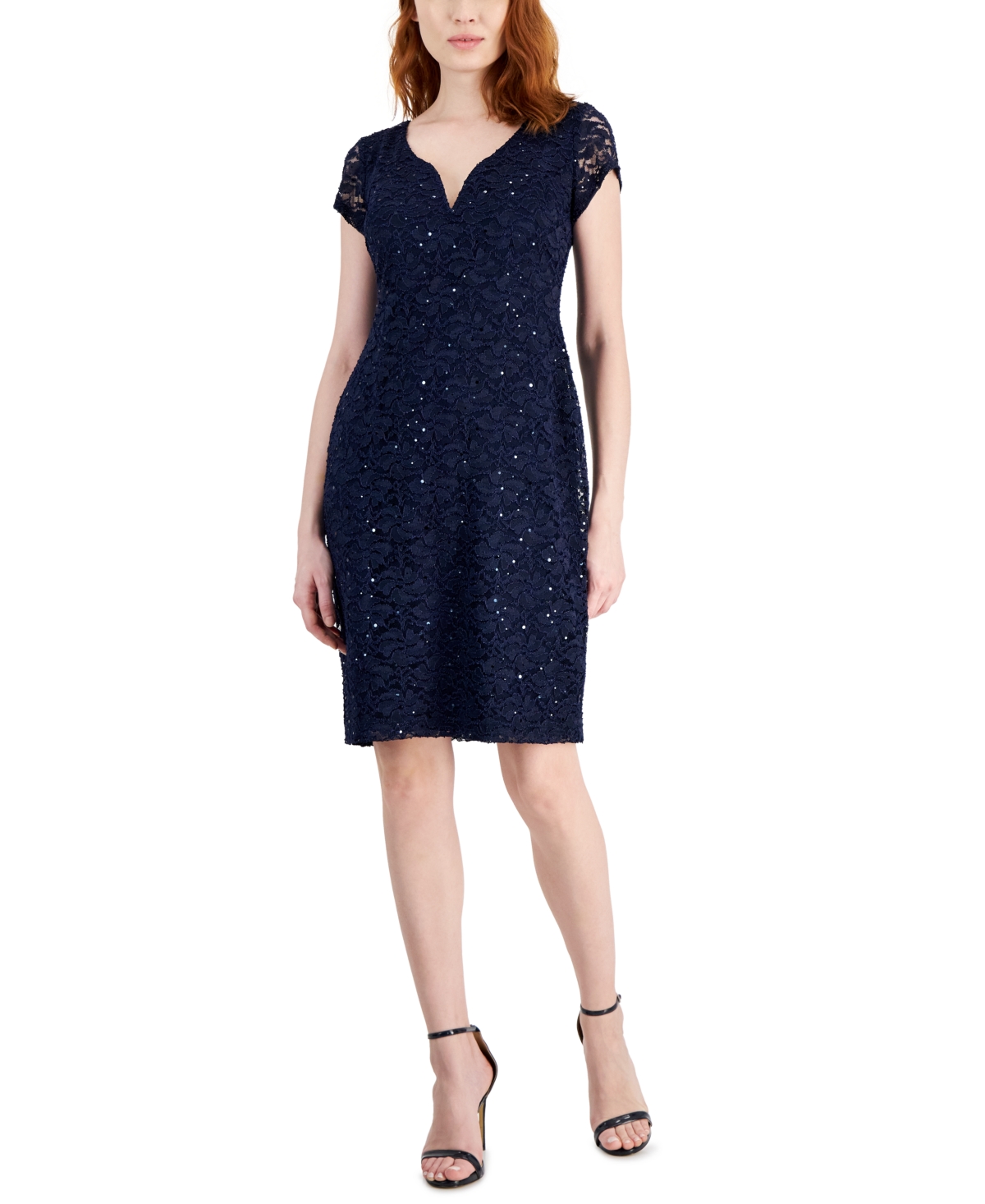 Connected Women's Lace Short-sleeve V-neck Dress In Navy